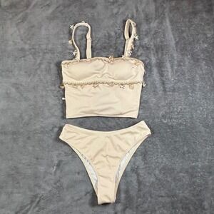 SHEIN Women Beige Ribbed Bikini Set Seashell Starfish Charms Lace Up Back 2piece